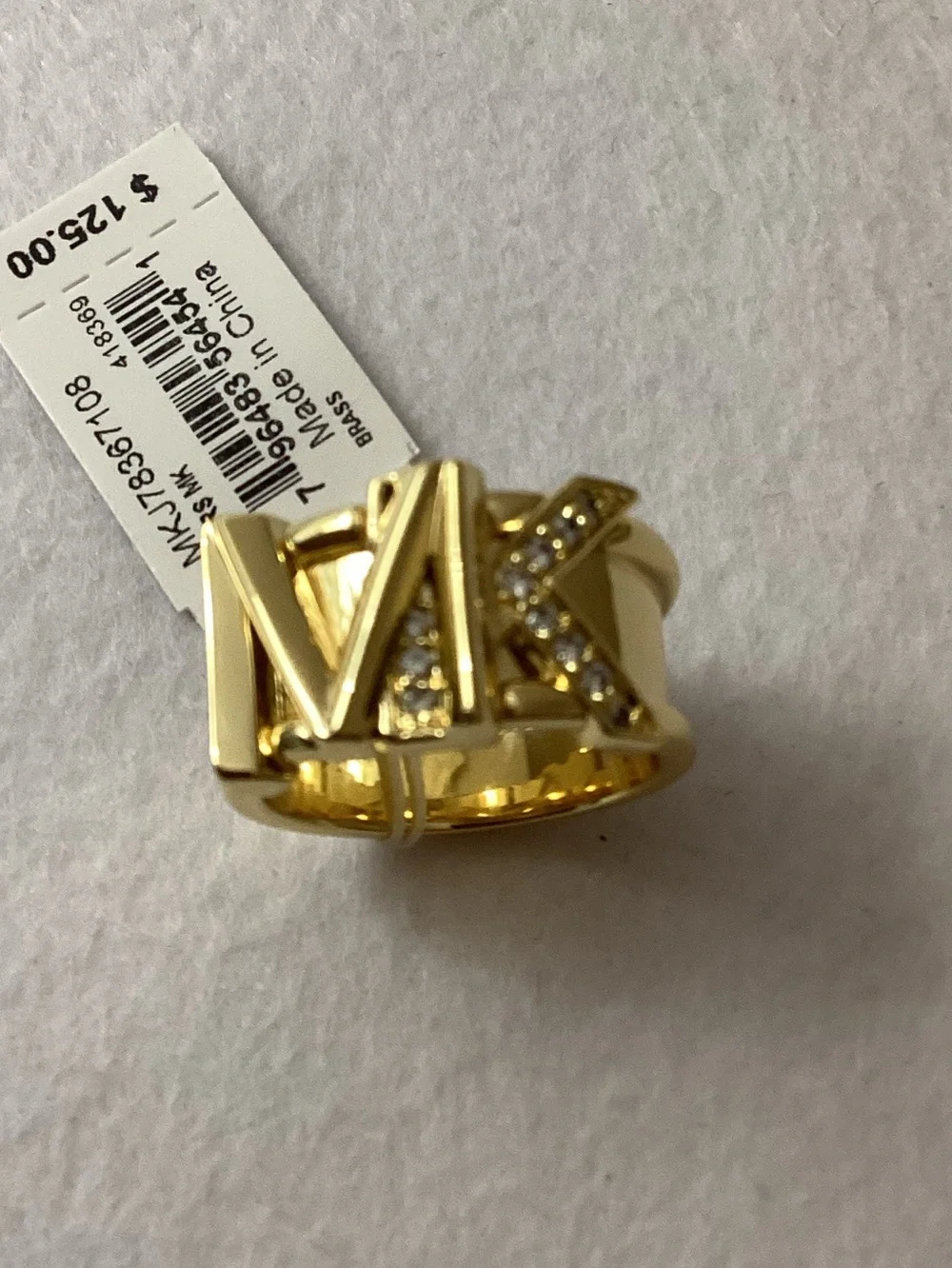 Michael Kors Faceted Mk Band Ring 14K Gold Plated Brass with Clear Stones